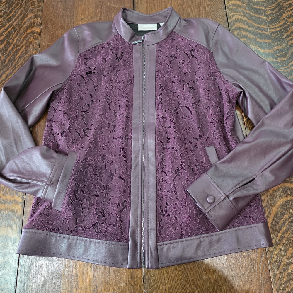 Belle by Kim Gravel faux leather and lace zip-up jacket in a wine or berry color